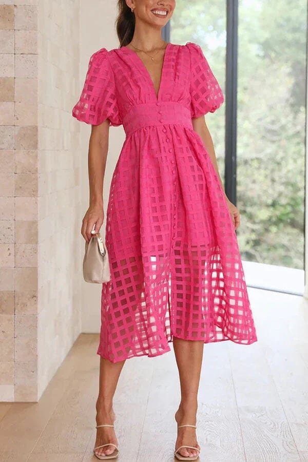 Beauty Square Patterned Fabric Puff Sleeve Midi Dress So-Comfy 