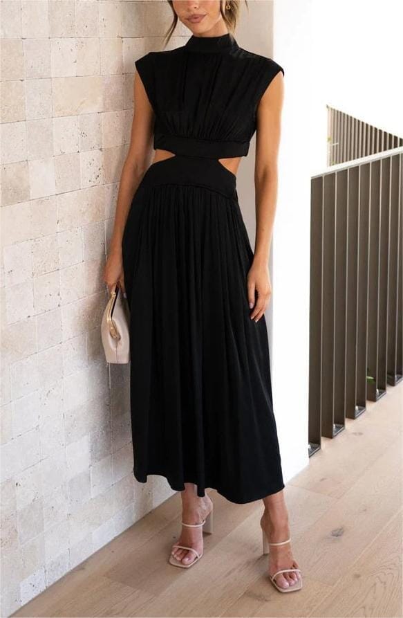 Cutout Waist Pocketed Vacation Midi Dress Casual Comfort Black S 