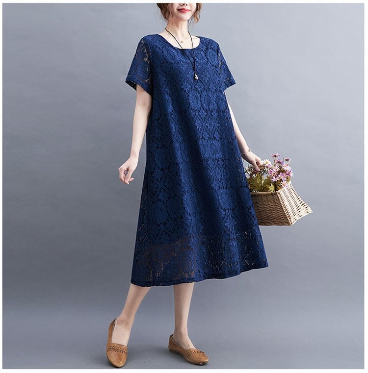 Elegant Floral Lace Loose Flowy Dress skirt So-Comfy Navy M/UK 10-12 