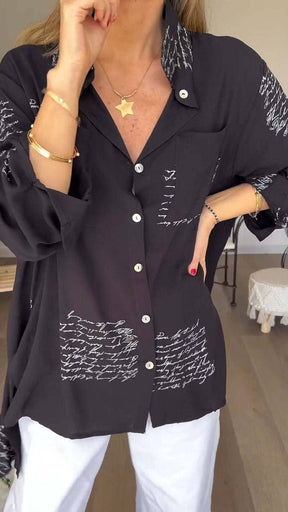 Letter Print Fashion Lapel Shirt shirt So-Comfy Black S 