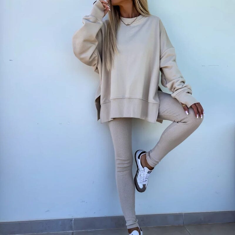 Long Sleeve Printed Sweatshirt and Leggings 2-piece Set Coord Set So-Comfy Beige S/UK 8 