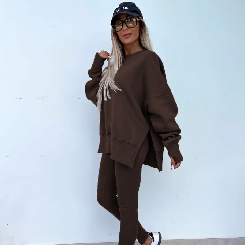 Long Sleeve Printed Sweatshirt and Leggings 2-piece Set Coord Set So-Comfy Brown S/UK 8 