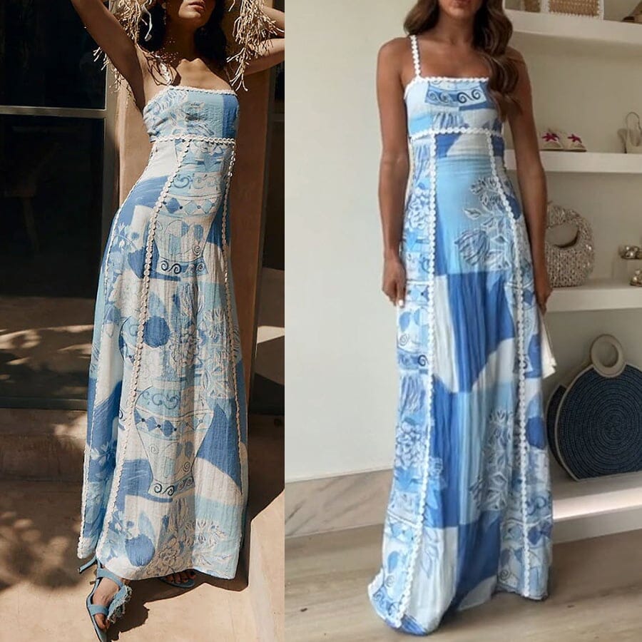 Print Back Tie-up Slip Flared Linen Maxi Dress Maxi dress So-Comfy Blue S 